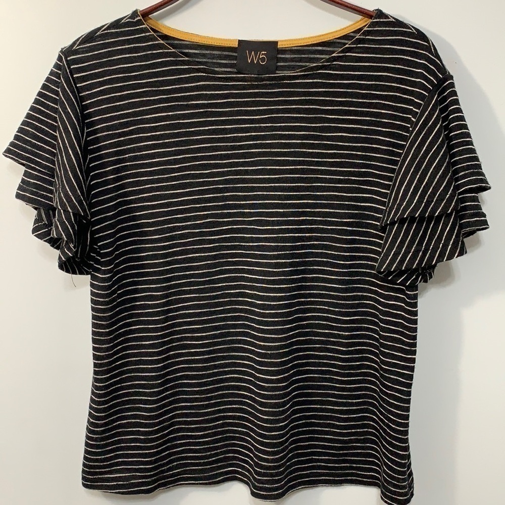 W5 | Black White All Over Striped Tiered Double Ruffle Short Sleeved Boxy Top S